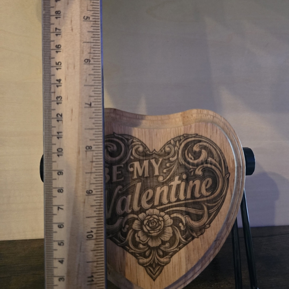 Be my Valentine Heart-Shaped Laser Engraved Wooden Plaque 5", With Stand.